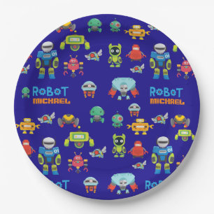 Kids ROBOT Birthday Party Blue Funny Cartoon Paper Plate