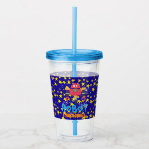 Kids ROBOT Stars Personalized Blue Drinking Beaker Acrylic Tumbler
