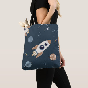 Kids Rocket, Planet and Star Pattern Tote Bag