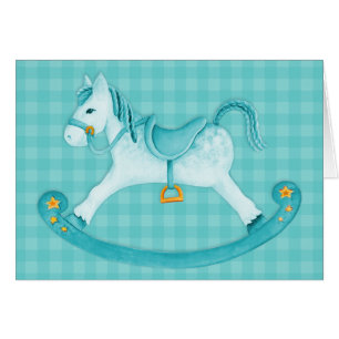 Kids Rocking horse art card aqua teal