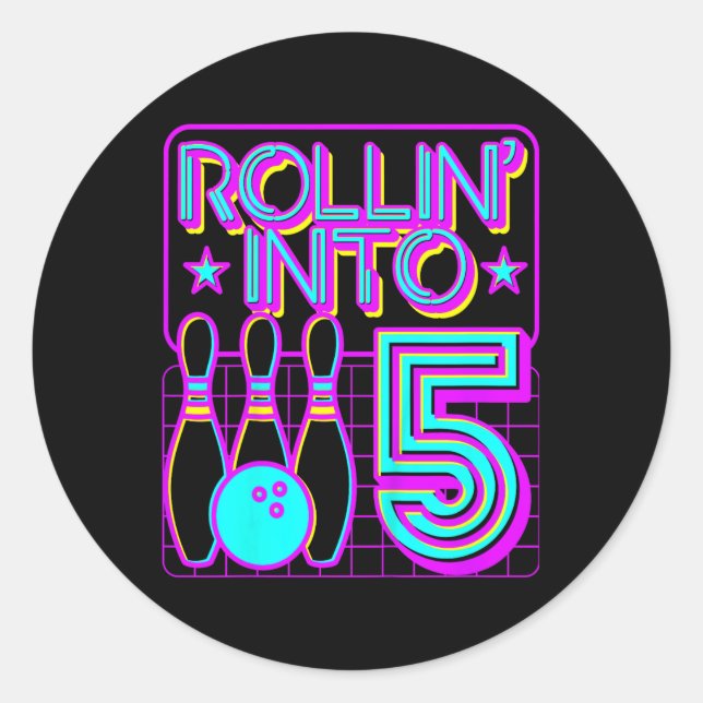 Kids Rollin Into 5 Bowling Bowler 5th Birthday Par Classic Round Sticker (Front)