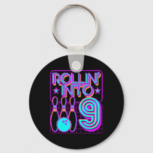 Kids Rollin Into 9 Bowling Retro Bowler 9th Birthd Keychain