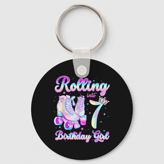 Kids Rolling Into 7 Roller Skating 7th Birthday Gi Keychain (Front)