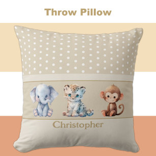 Kid's room add name cute animals brown throw pillow