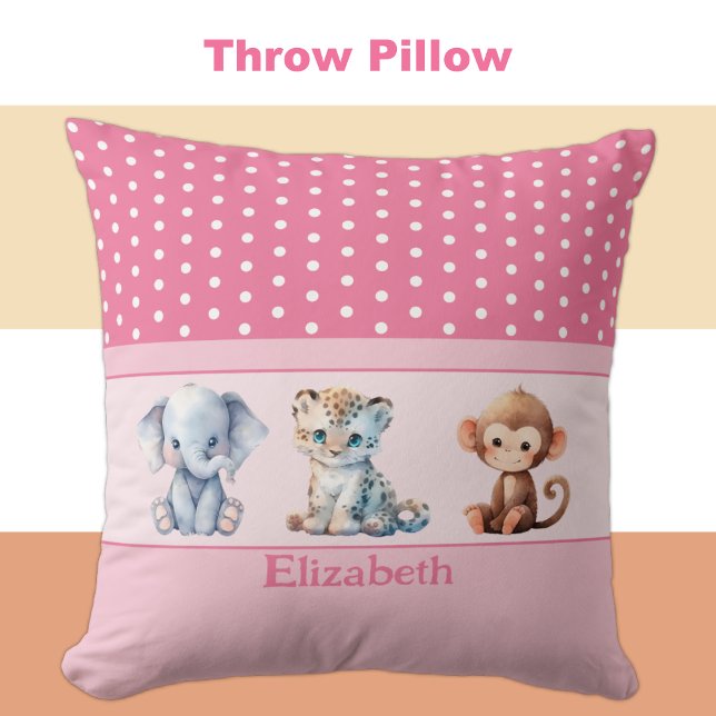 Kid's room add name cute animals pink throw pillow (Creator Uploaded)
