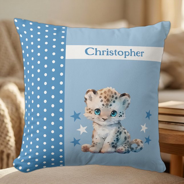 Kid's room add name cute leopard blue throw pillow (Creator Uploaded)