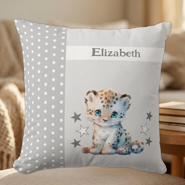 Kid's room add name cute leopard grey throw pillow (Creator Uploaded)