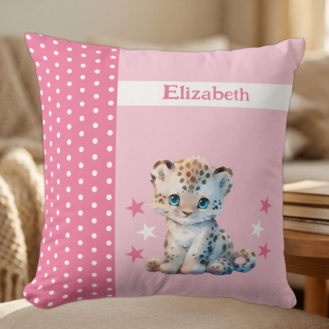 Kid's room add name cute leopard pink throw pillow (Creator Uploaded)