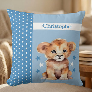 Kid's room add name cute lion blue throw pillow