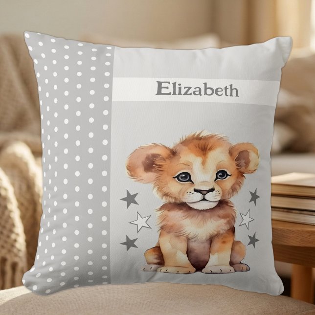 Kid's room add name cute lion grey throw pillow (Creator Uploaded)