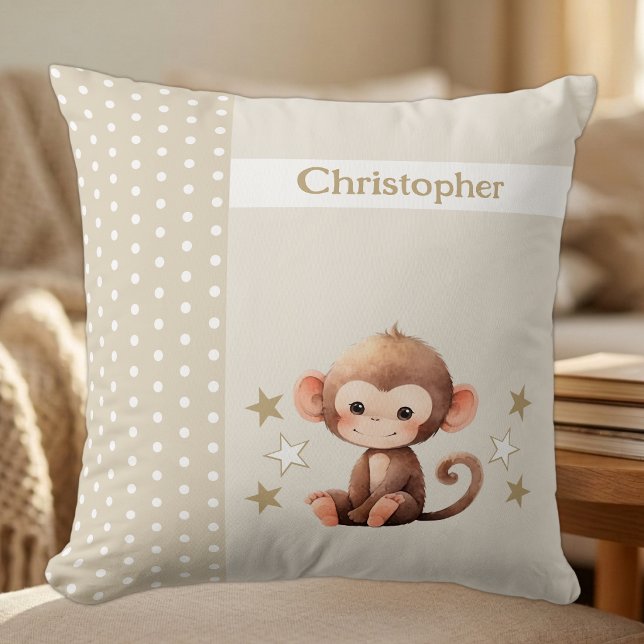 Kid's room add name cute monkey brown throw pillow (Creator Uploaded)