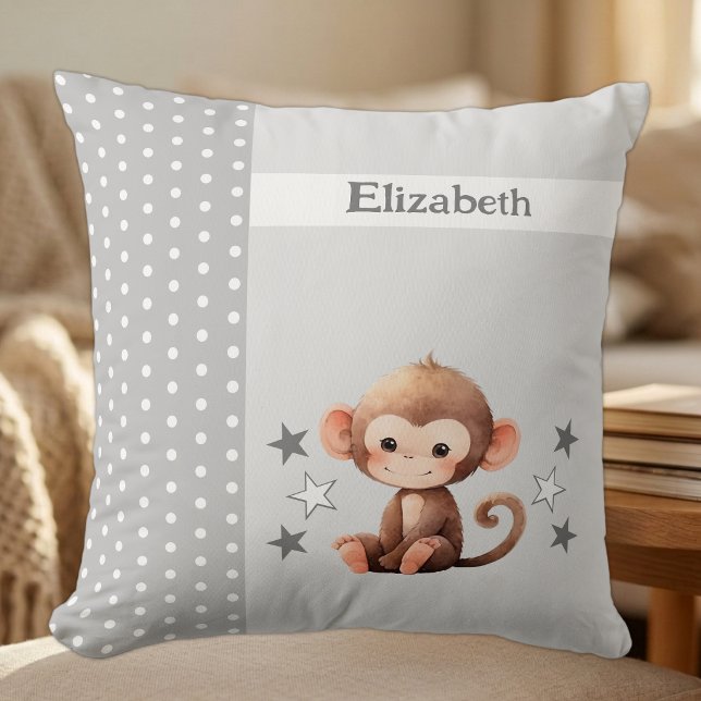 Kid's room add name cute monkey grey throw pillow (Creator Uploaded)