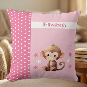 Kid's room add name cute monkey pink throw pillow