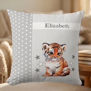 Kid's room add name cute tiger grey throw pillow
