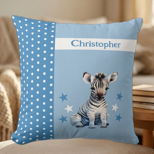 Kid's room add name cute zebra blue throw pillow (Creator Uploaded)