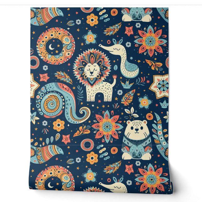 Kid's Room Animal Paisley Wallpaper (Unrolling)