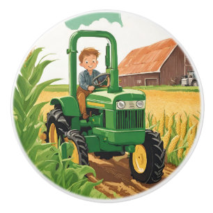 Kid's Room Farm Tractor Equipment Fun Green Drawer Ceramic Knob