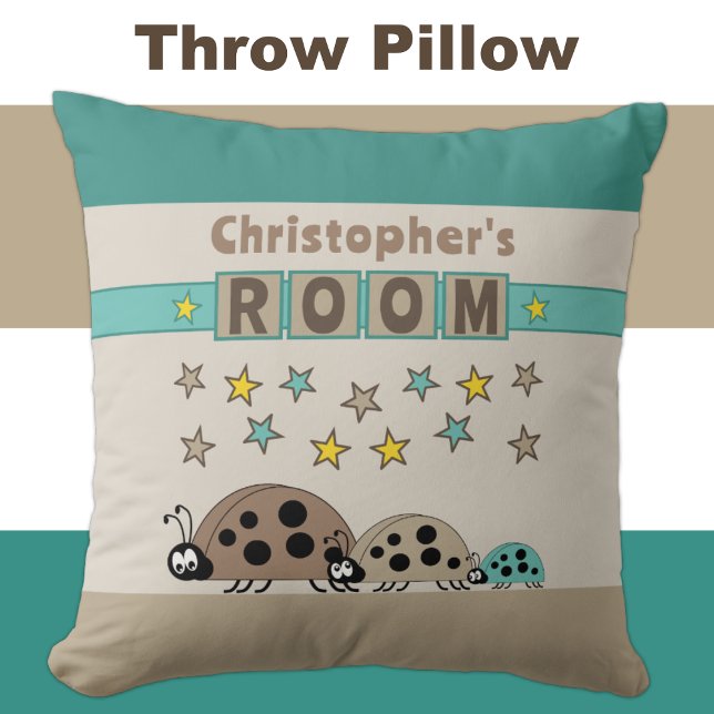 Kid's room Ladybugs add name brown green Throw Pillow (Creator Uploaded)