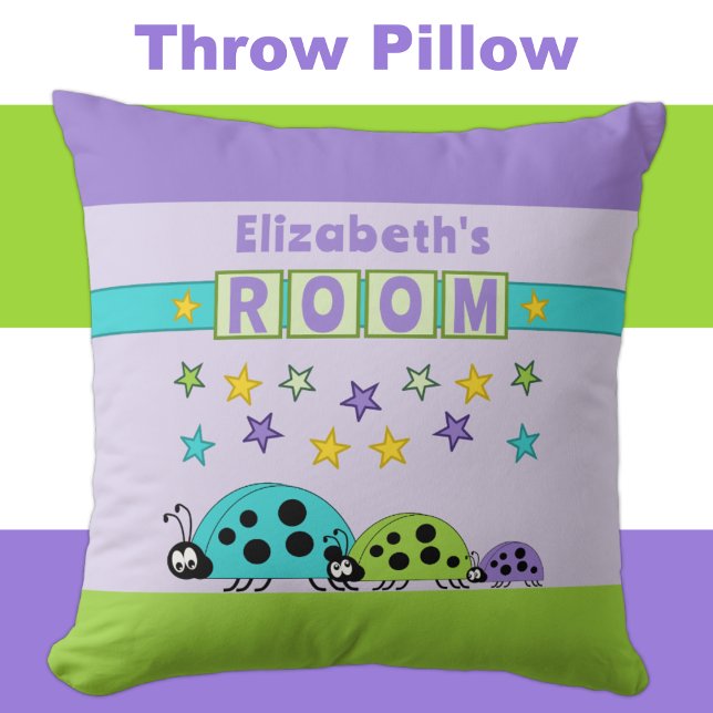 Kid's room Ladybugs add name purple green Throw Pillow (Creator Uploaded)