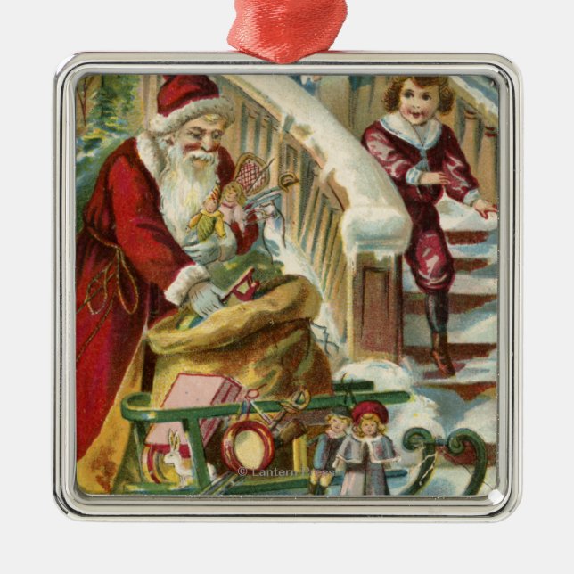 Kids Running to Greet Santa Metal Ornament (Front)