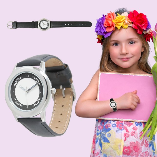 Kid's S.S. Black Leather Strap Decorative Watch (Kid's S.S. Black Leather Strap Decorative Watch)