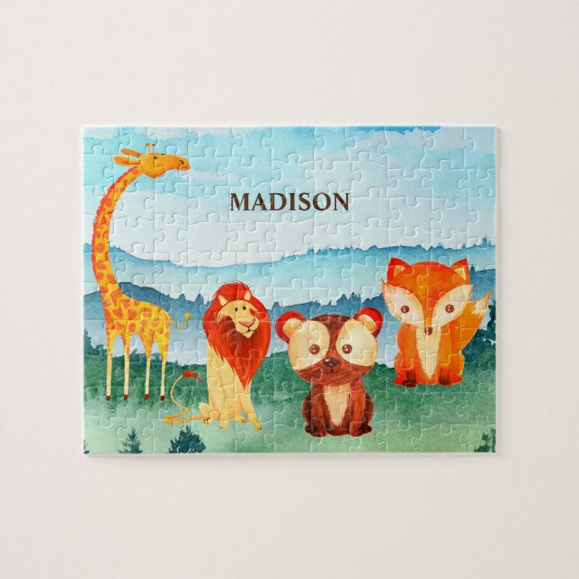 Kids Safari Animals Green Blue Forest Cute Jigsaw Puzzle (Horizontal)