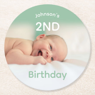 Kids Sage Green Birthday Custom Photo Coaster