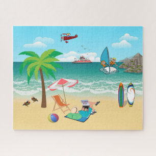 Kids Sailing, Mom Sun Tanning - Fun Beach Vacation Jigsaw Puzzle