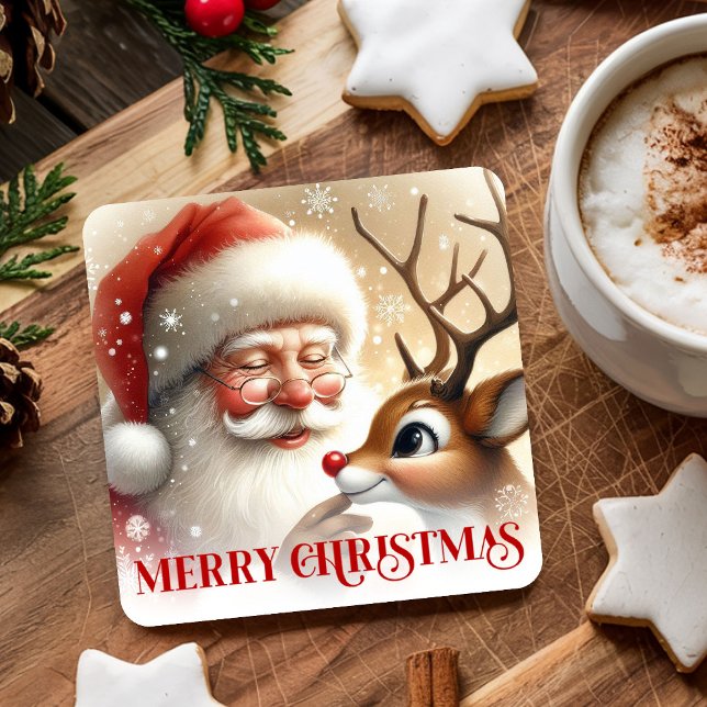 Kids Santa Rudolph Cute Christmas Paper Coaster   (Kids Santa Rudolph Cute Christmas Paper Coaster Art)