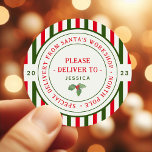 Kids Santa's Workshop North Pole Christmas Gift  Classic Round Sticker<br><div class="desc">These festive santa's workshop christmas gift stickers are perfect for kids holiday gifts. The design features traditional red and green colours with an official north pole seal with the words "special delivery from santa's workshop - north pole" in a fun font. Personalize the stickers with your child's name and the...</div>