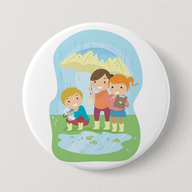 Kids Science Nature Study in Rain 3 Inch Round Button (Front)