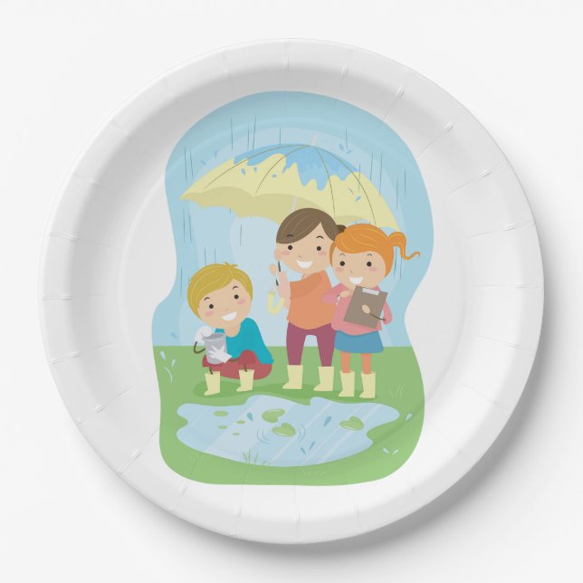 Kids Science Nature Study in Rain Paper Plate (Front)