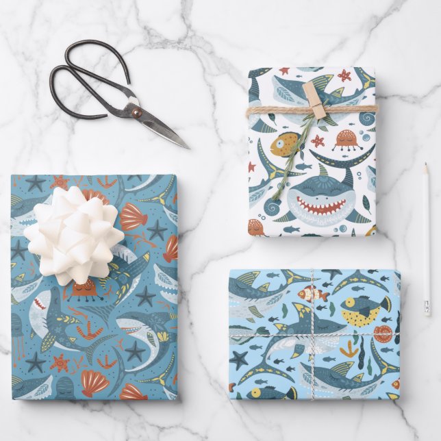 Kids Shark 1st 2nd 3rd Birthday Marine Boy Wrapping Paper Sheet (Front)
