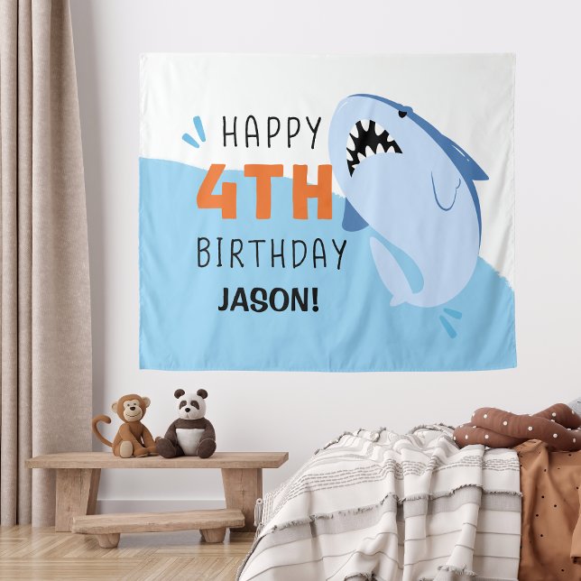 Kids Shark 4th Birthday Backdrop Custom Tapestry (Kids Shark 4th Birthday Backdrop Custom
)