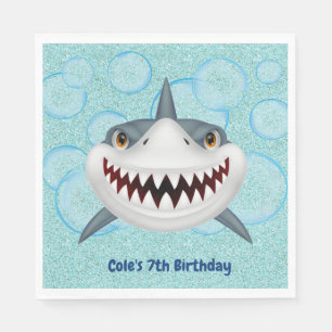 Kids Shark Aqua Glitter Birthday Party Napkins