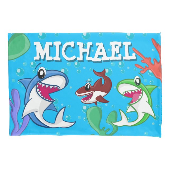 Kids Shark Cartoon Underwater Blue Sea Life Ocean Pillowcase (Front)