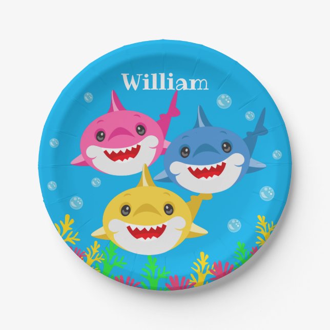 Kids Shark & Family Personalized Birthday Paper Plate (Front)
