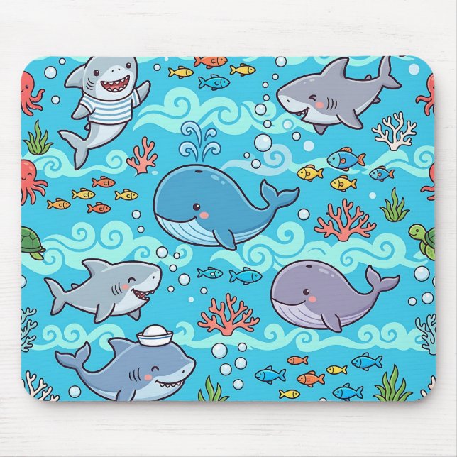 Kids Shark & Whale Ocean Mousepad – Cute Pattern (Front)