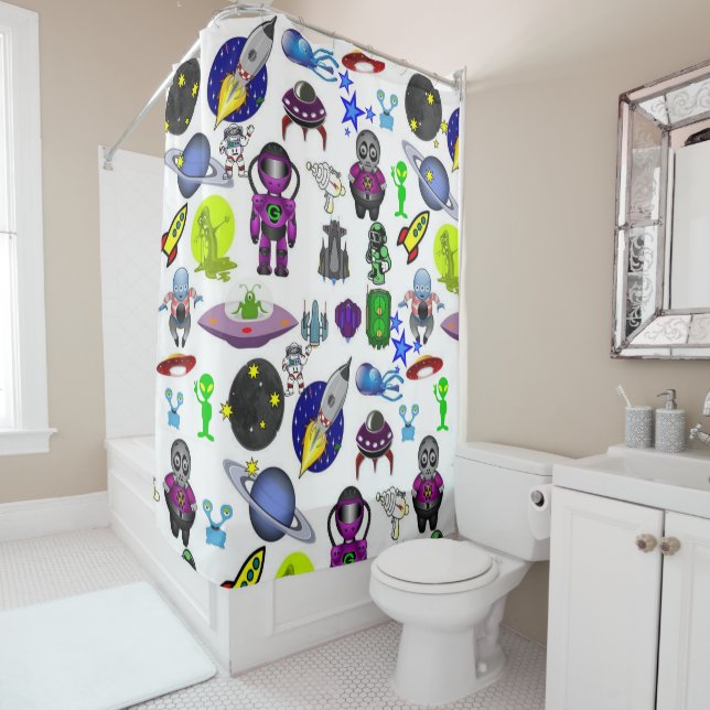 Kids Shower Curtain Astronaut Aliens Space (In Situ)