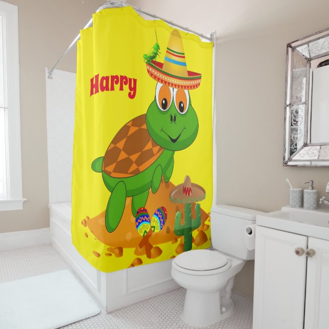 Kids Shower Curtain Green Turtle Sombrero (In Situ)