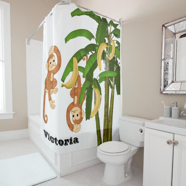 Kids Shower Curtain Monkey Banana Tree (In Situ)