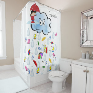Kids Shower Curtain Rain Umbrellas Clouds