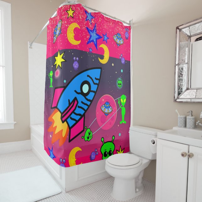 Kids Shower Curtain Rocket Aliens Space (In Situ)