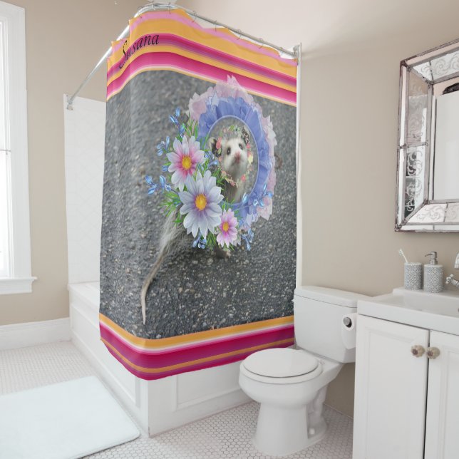 Kids Shower Curtain Stripe Floral Opossum (In Situ)