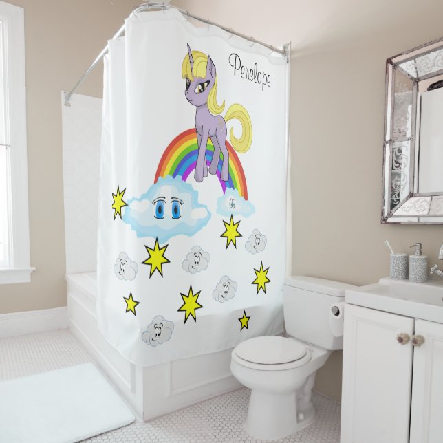 Kids Shower Curtain Unicorn Stars Rainbow Clouds (In Situ)
