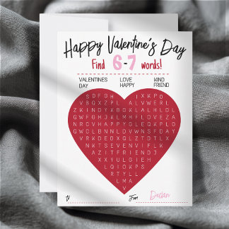 Kids Six Seven Valentine Word Search Heart Class Card