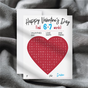 Kids Six Seven Valentine Word Search Heart Class Card