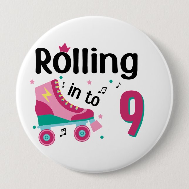 Kids Skate Party - 9th Birthday - Roller Skating 4 Inch Round Button (Front)