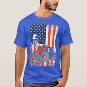 Kids Skeleton Monster Truck USA Flag Toddler Boys  T-Shirt