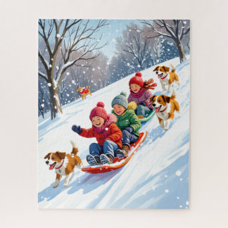 Kids Sledding with Dogs in Snowy Winter Wonderland Jigsaw Puzzle